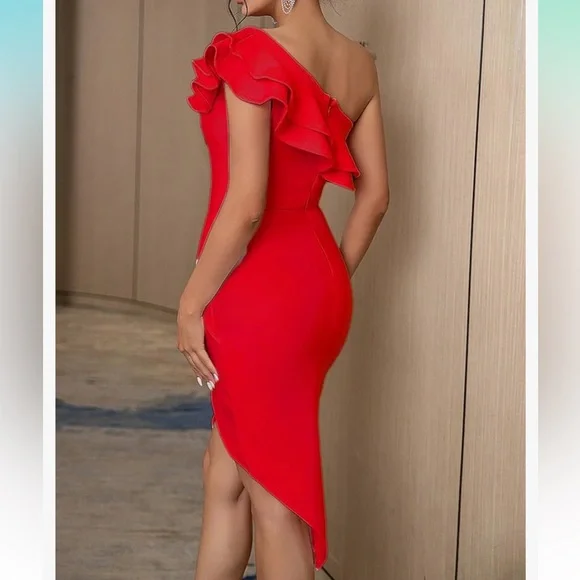 New  Women One Shoulder Ruffle Side Split Bodycon Bandage Dress - Picture 4 of 7